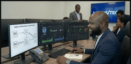 Serge Musongwe working at multi-monitor cloud database workstation